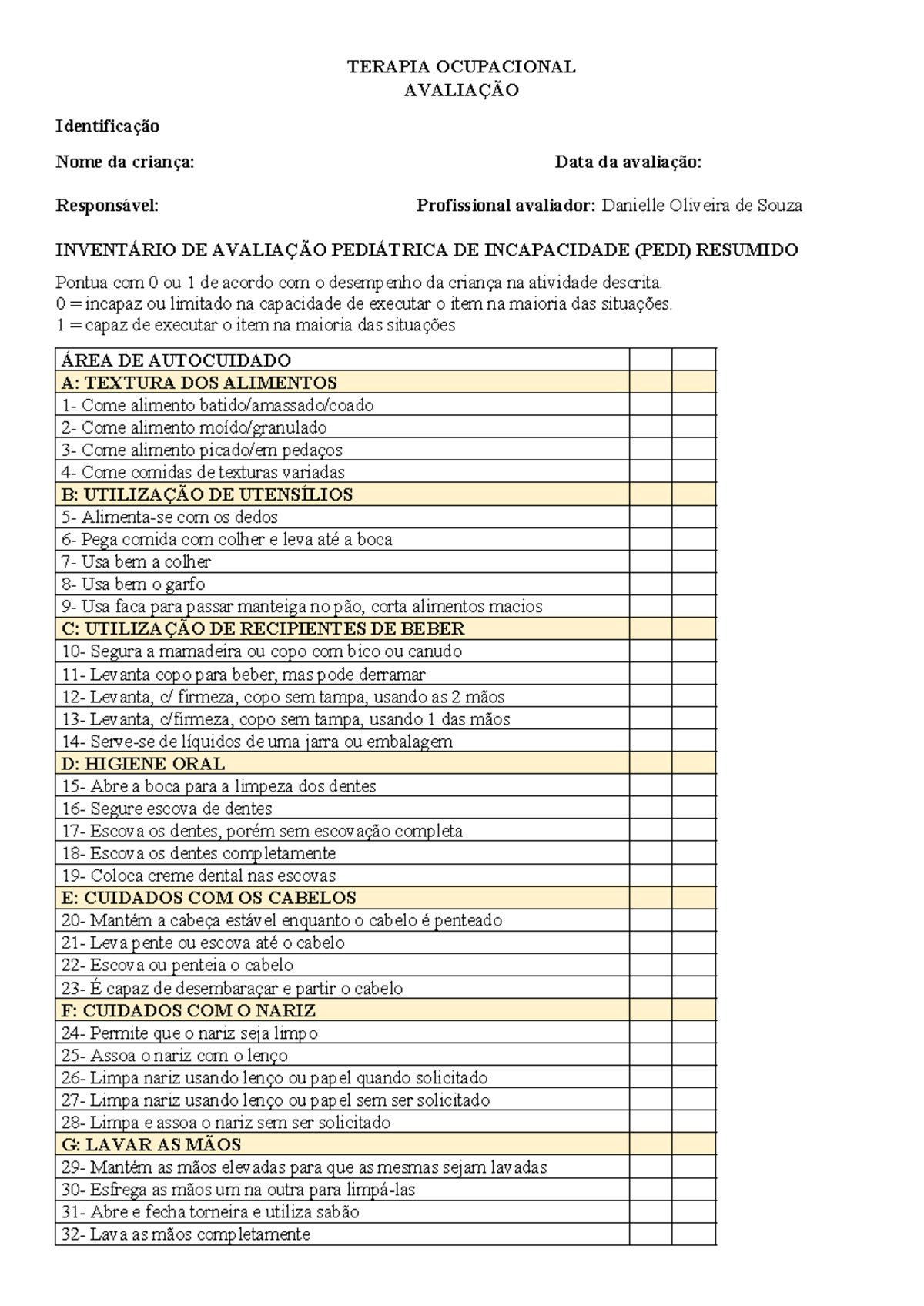 654786237-PEDI - Avaliação Resumida de Terapia Ocupacional - Studocu