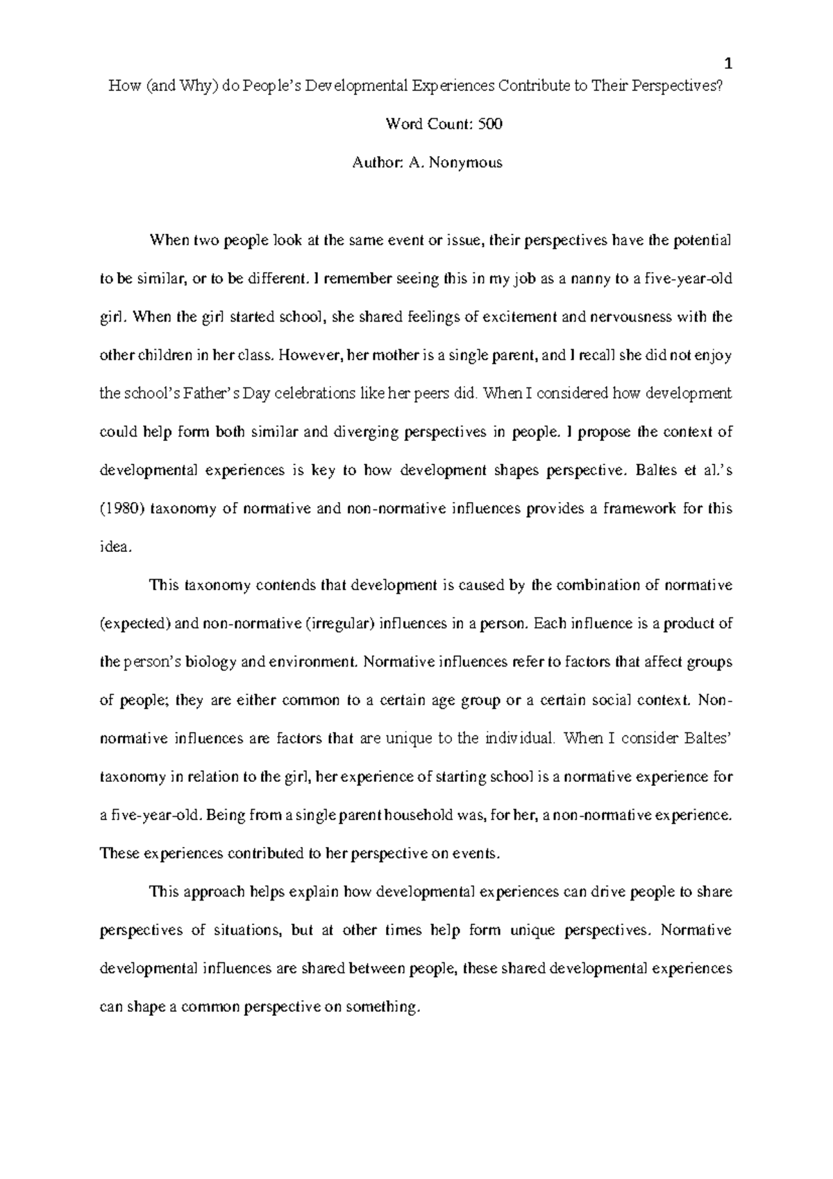 PSY 2019: Reflection on Developmental Perspectives and Experiences ...
