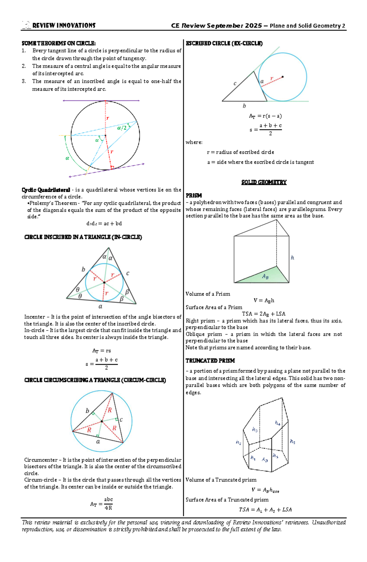 CE Review: Plane & Solid Geometry 2 Theorems on Circles and Prisms ...