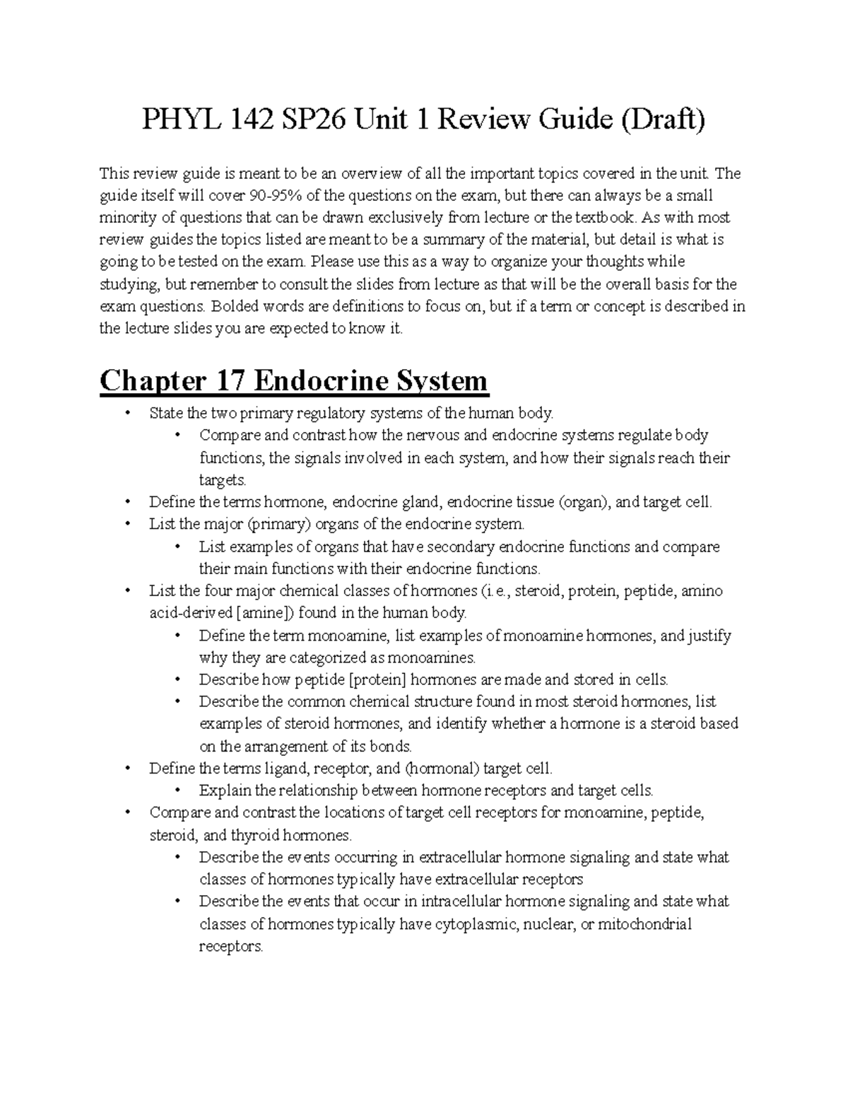 PHYL 142 SP26 Unit 1 Exam Review Guide: Endocrine & Blood Systems - Studocu