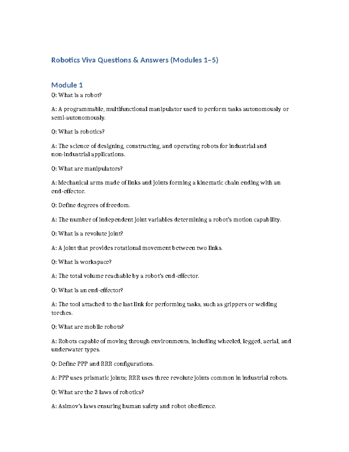 Robotics Viva Questions & Answers (Modules 1-5) - Studocu