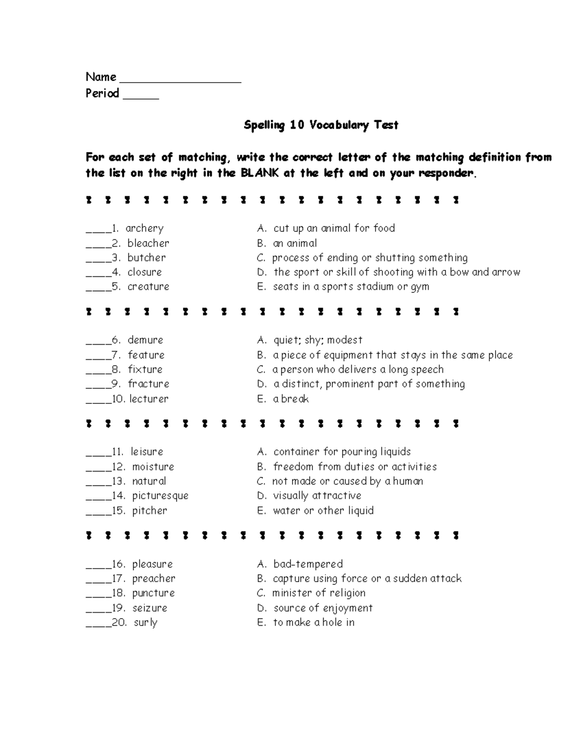 Spelling 10 Vocabulary Test: Matching Definitions Exercise - Studocu