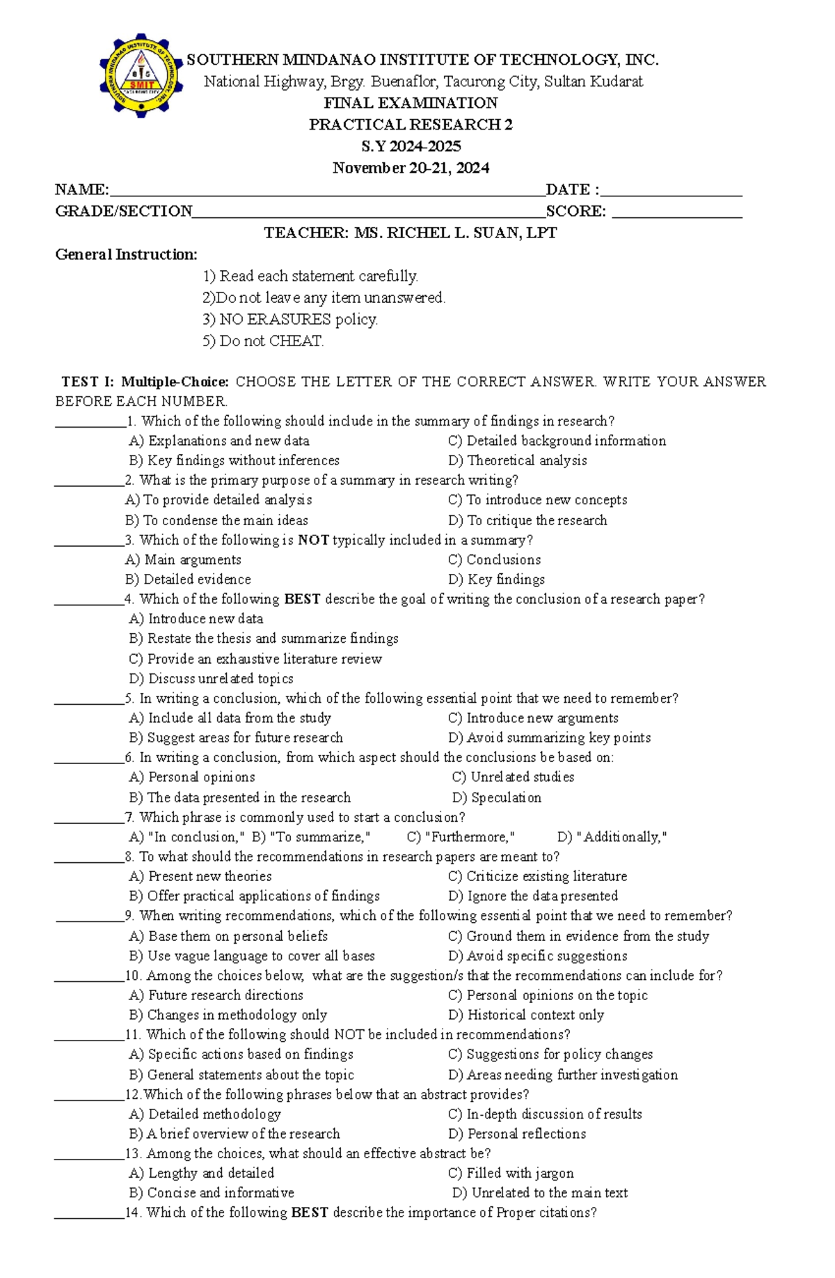PR2 Final Examination Sample for Practical Research 2 - S 2024 - Studocu