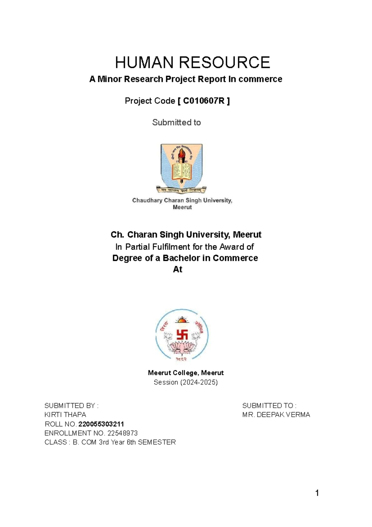B. COM 3rd Year Minor Research Project on Human Resource Management ...