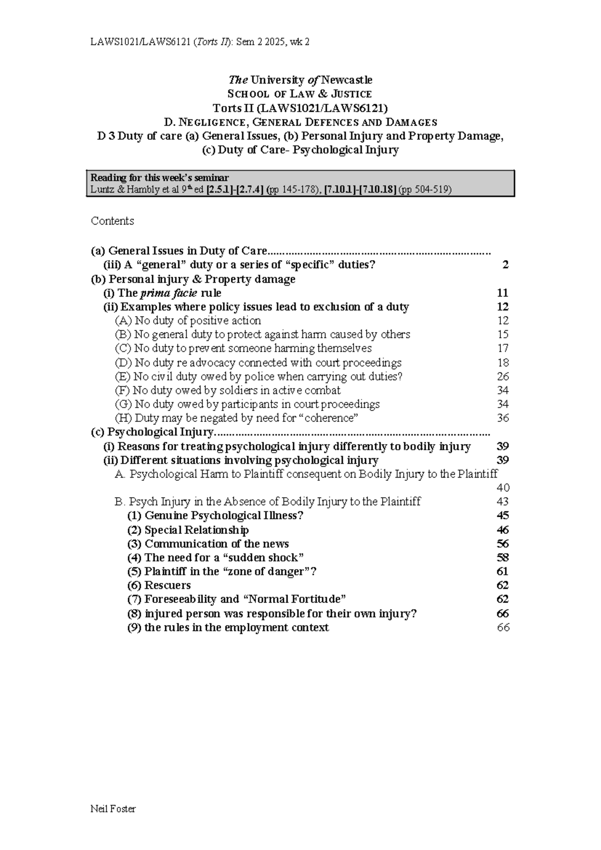 Torts II (LAWS1234): Sem 2 2025, Week 2 - Duty of Care & Psychological ...