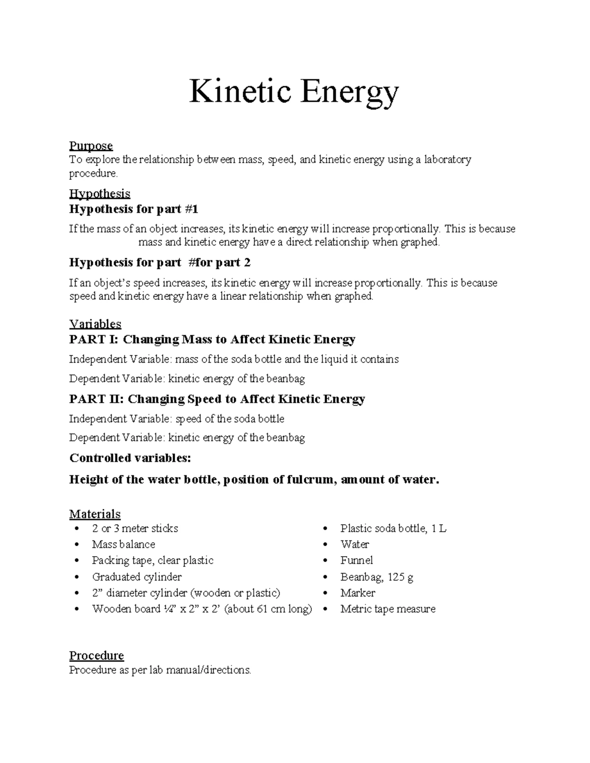 Lab: Kinetic Energy Experiment (Student Guide) for Physics 101 - Studocu