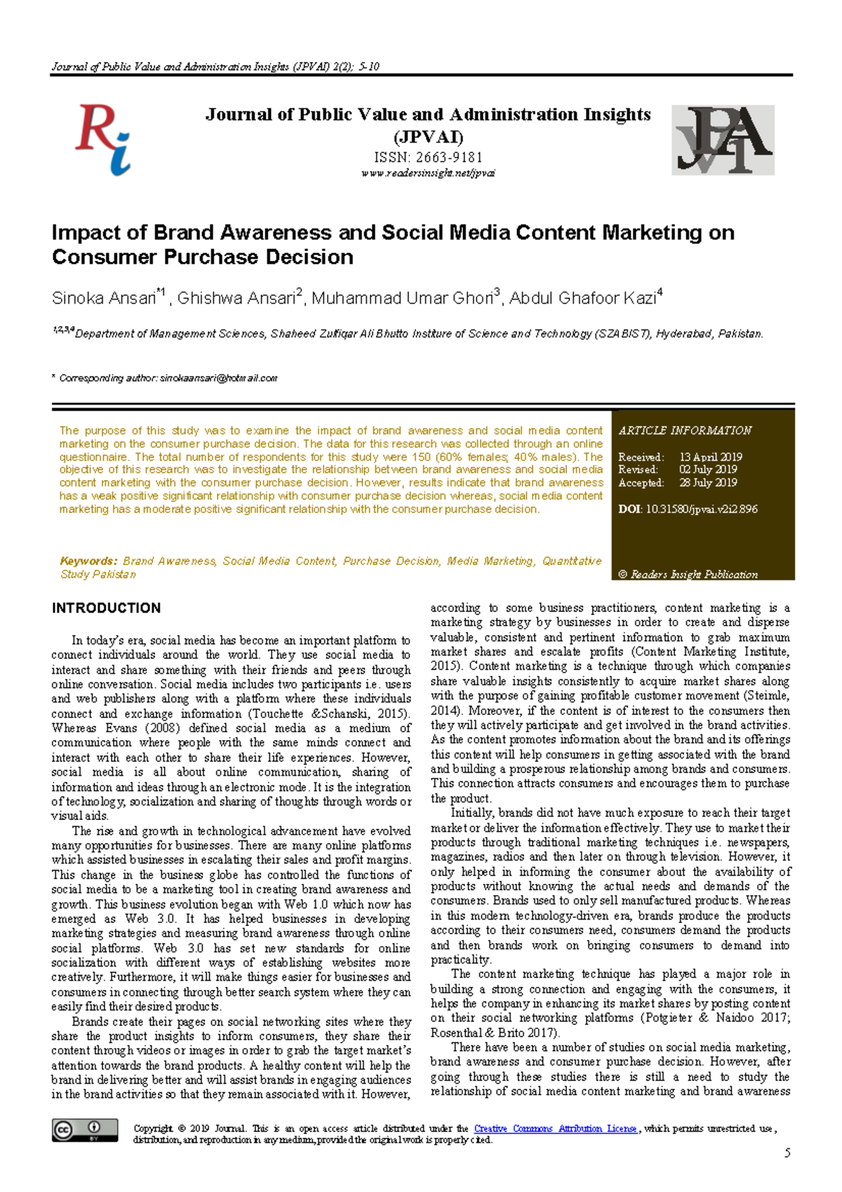 Impact of Brand Awareness & Social Media Marketing on Purchase ...