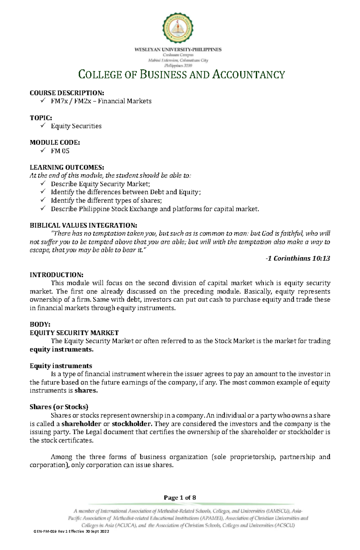 FM 05 Equity Securities Market Overview and Key Concepts - Studocu