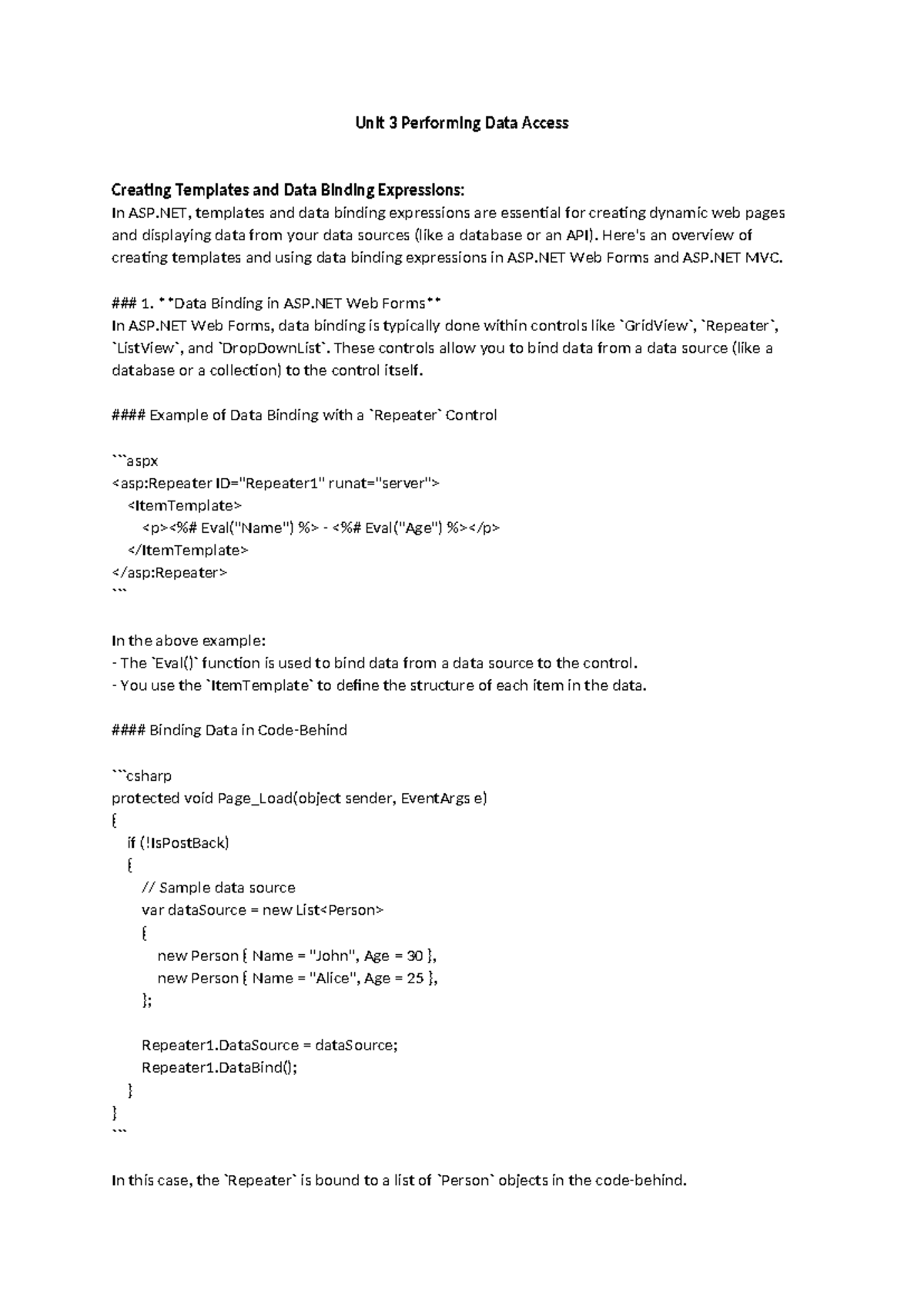 ASP.NET Unit 3: Data Access, Templates & Binding Expressions Notes ...
