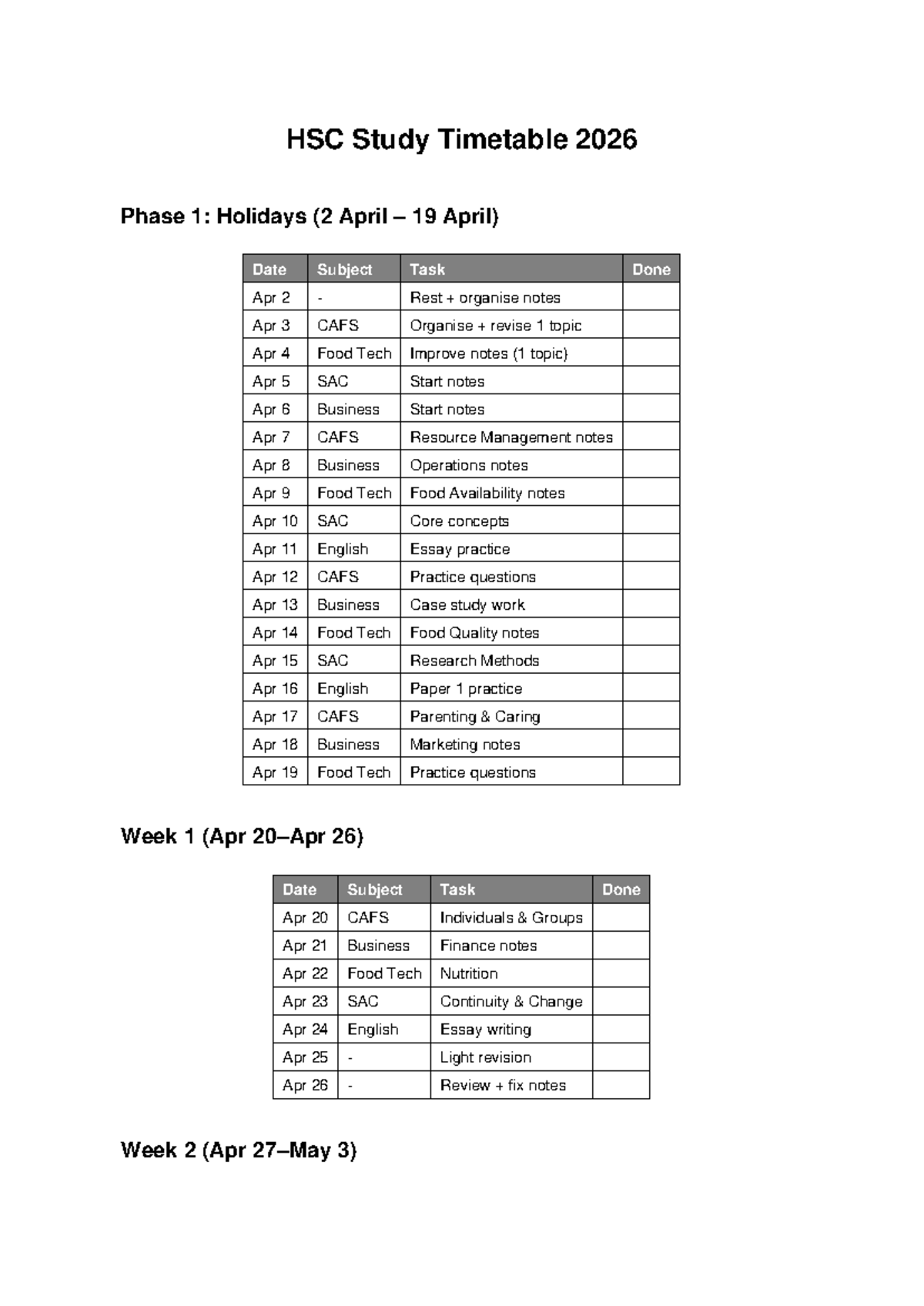 HSC Study Timetable 2026: Phase 1 Holiday Schedule - Studocu