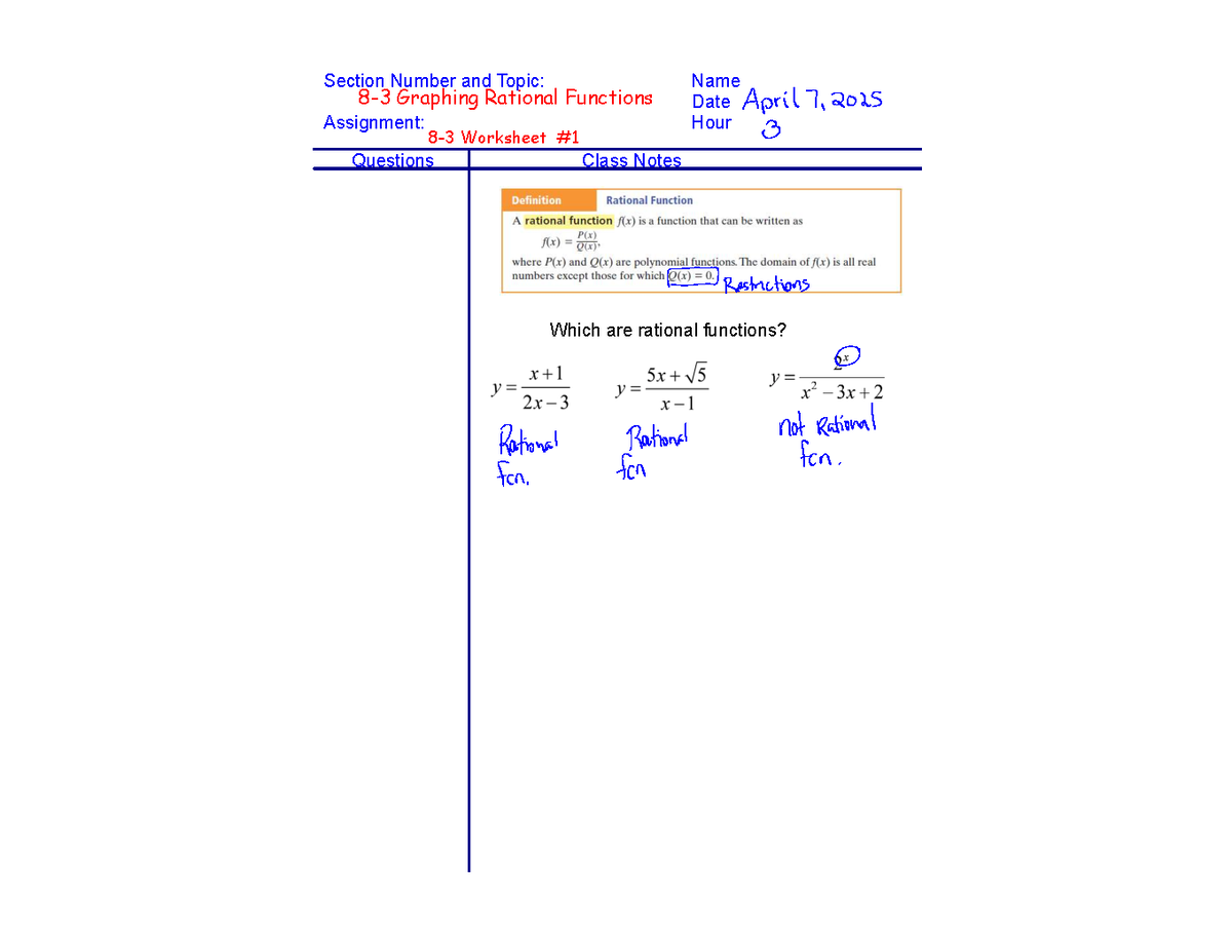 Graphing Rational Functions - Section 8.3 Class Notes and Worksheet ...