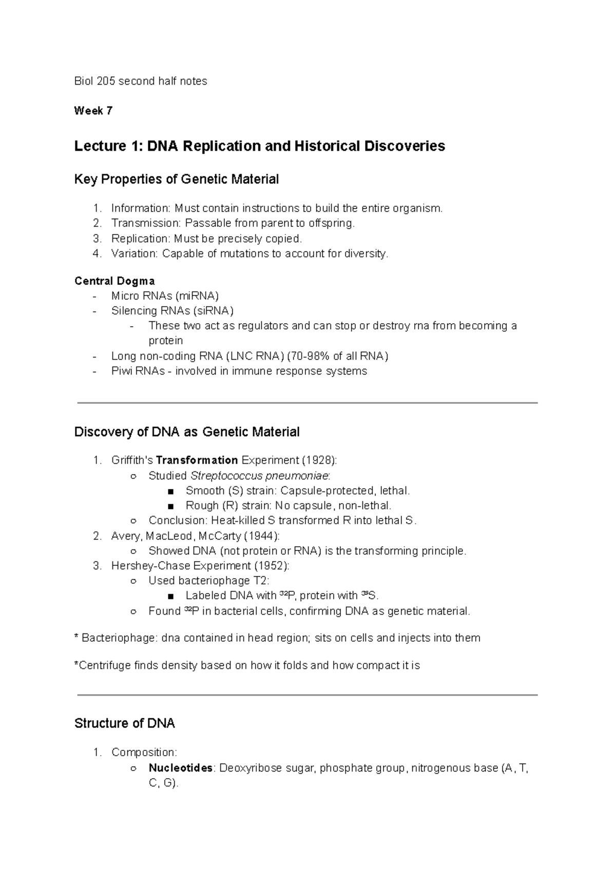Biol 205 Lecture Notes: DNA Replication & RNA Processing - Final Exam ...