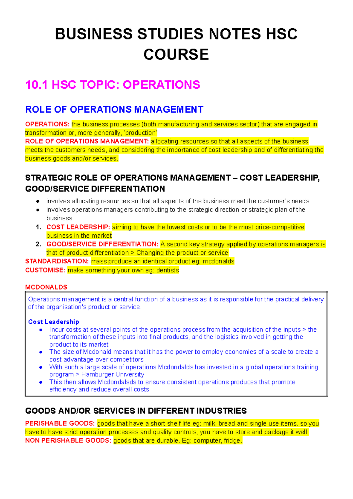 Business Studies Notes HSC 10.1: Operations Management Insights - Studocu