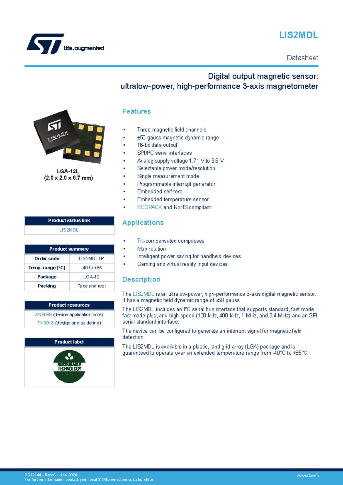 LIS2MDL Datasheet: Digital Magnetic Sensor Overview and Specs - Studocu