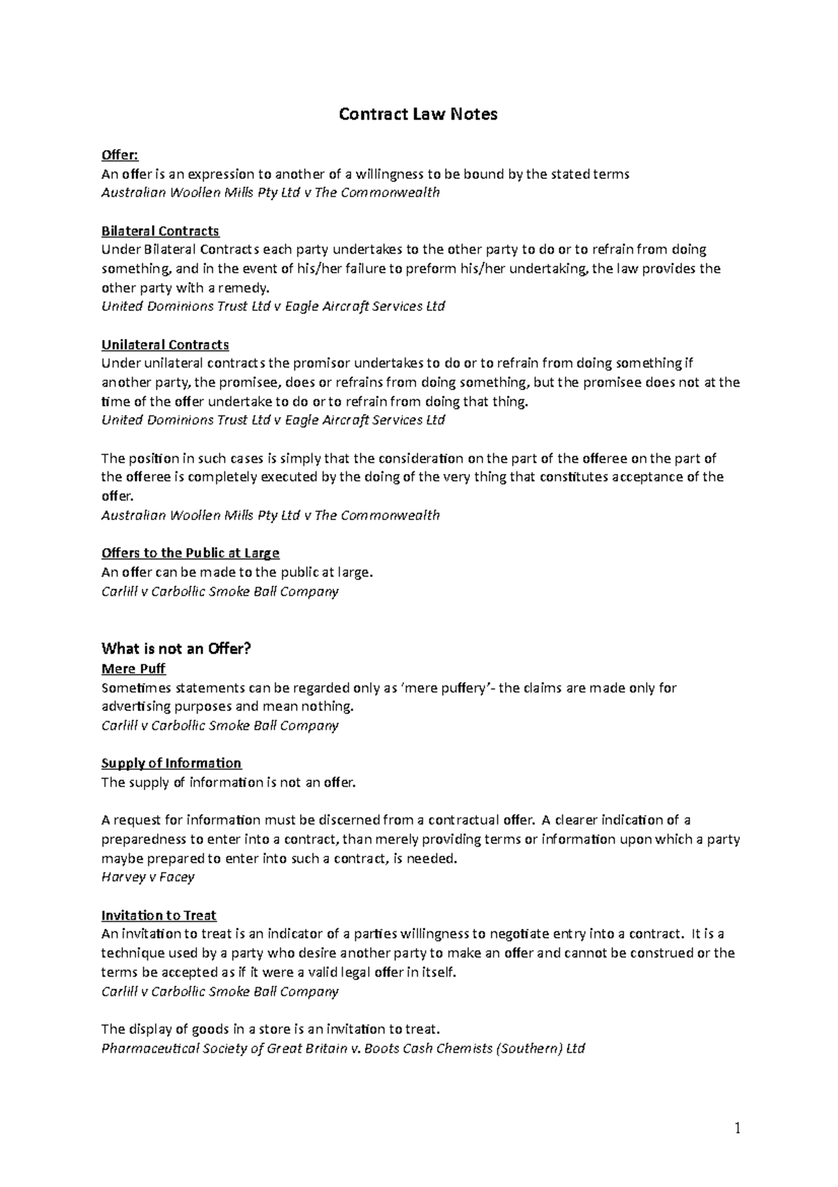 Contract Law Study Notes: Key Concepts and Case Summaries - Studocu