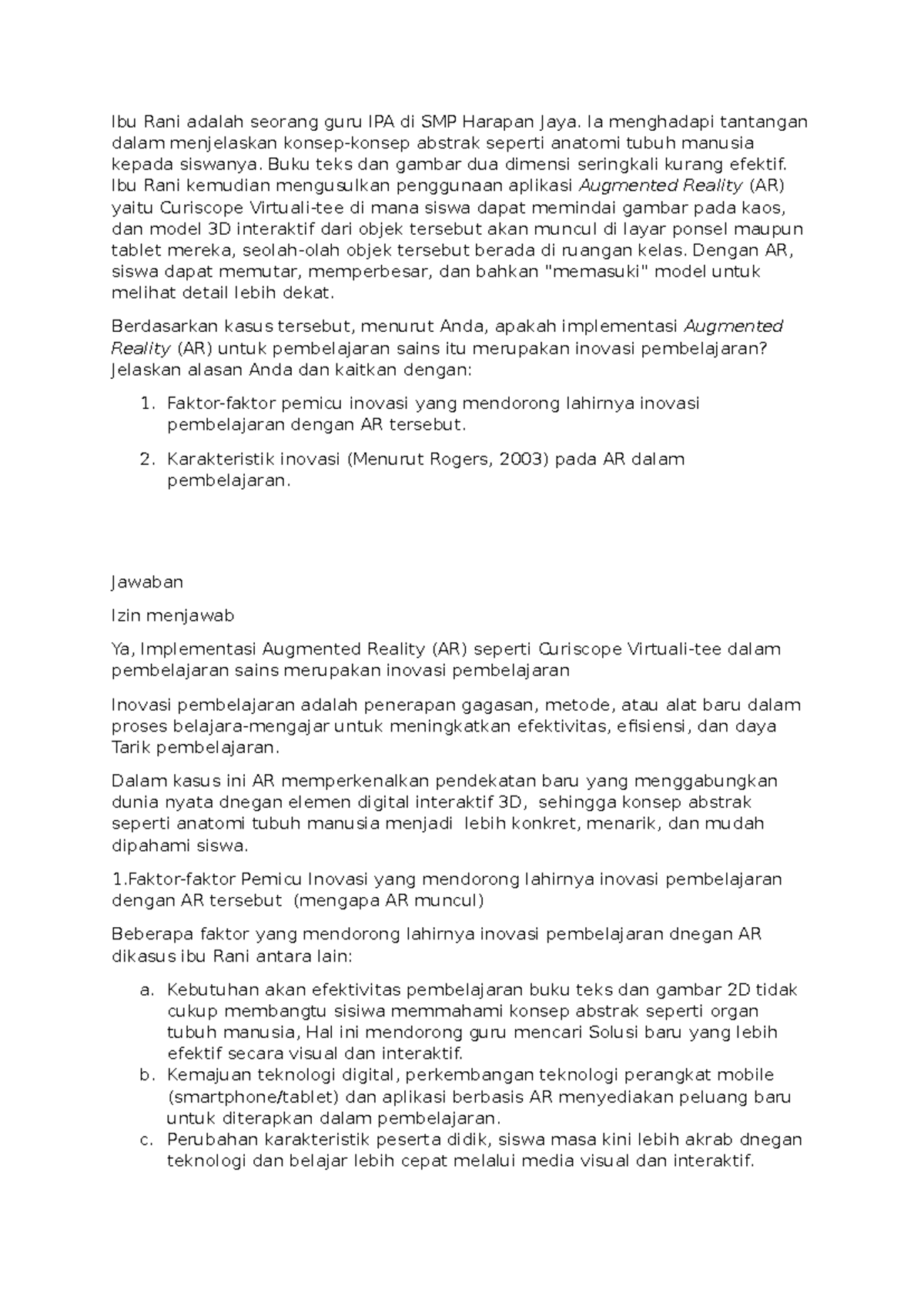 TPEN4406: Jawaban Diskusi Sesi 1 - Inovasi Pembelajaran dengan AR - Document Preview