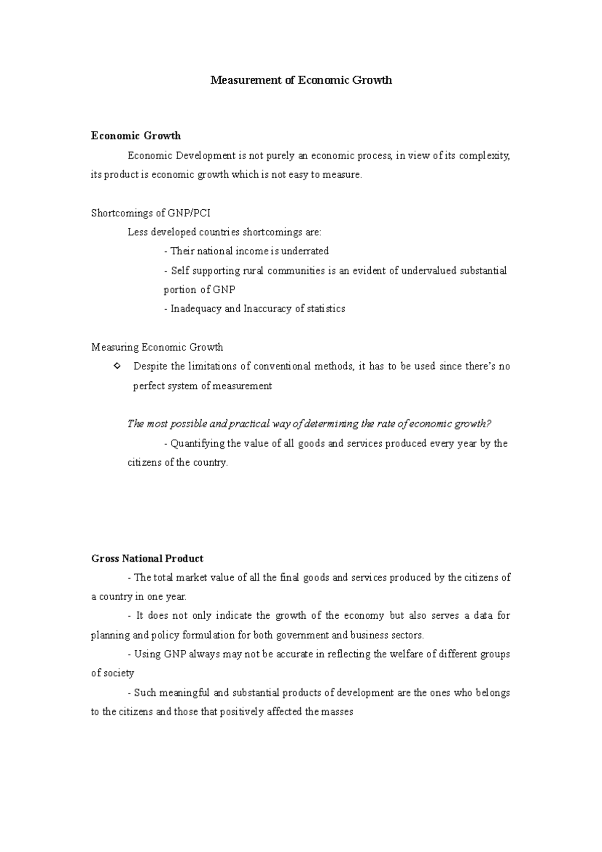 Economic Growth Measurement: Beyond GNP and PCI Analysis - Studocu