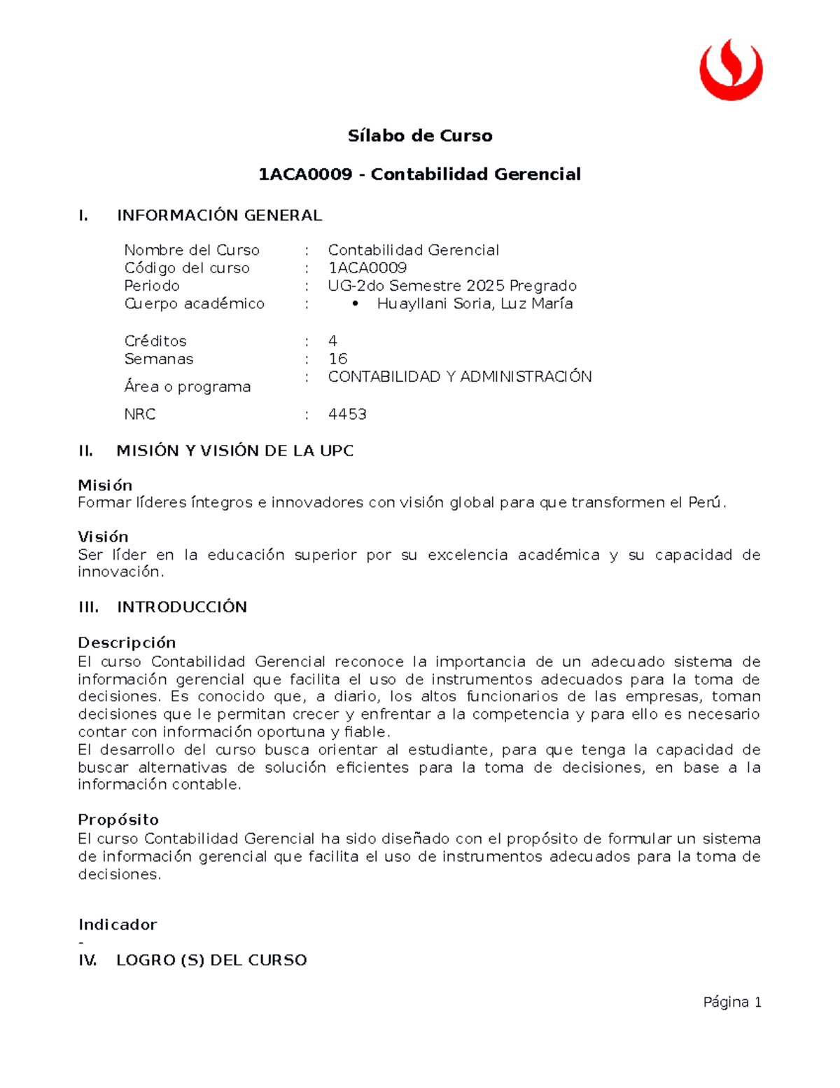 Sílabo de Curso: Contabilidad Gerencial I - UG-202520 1ACA0009-4453 ...