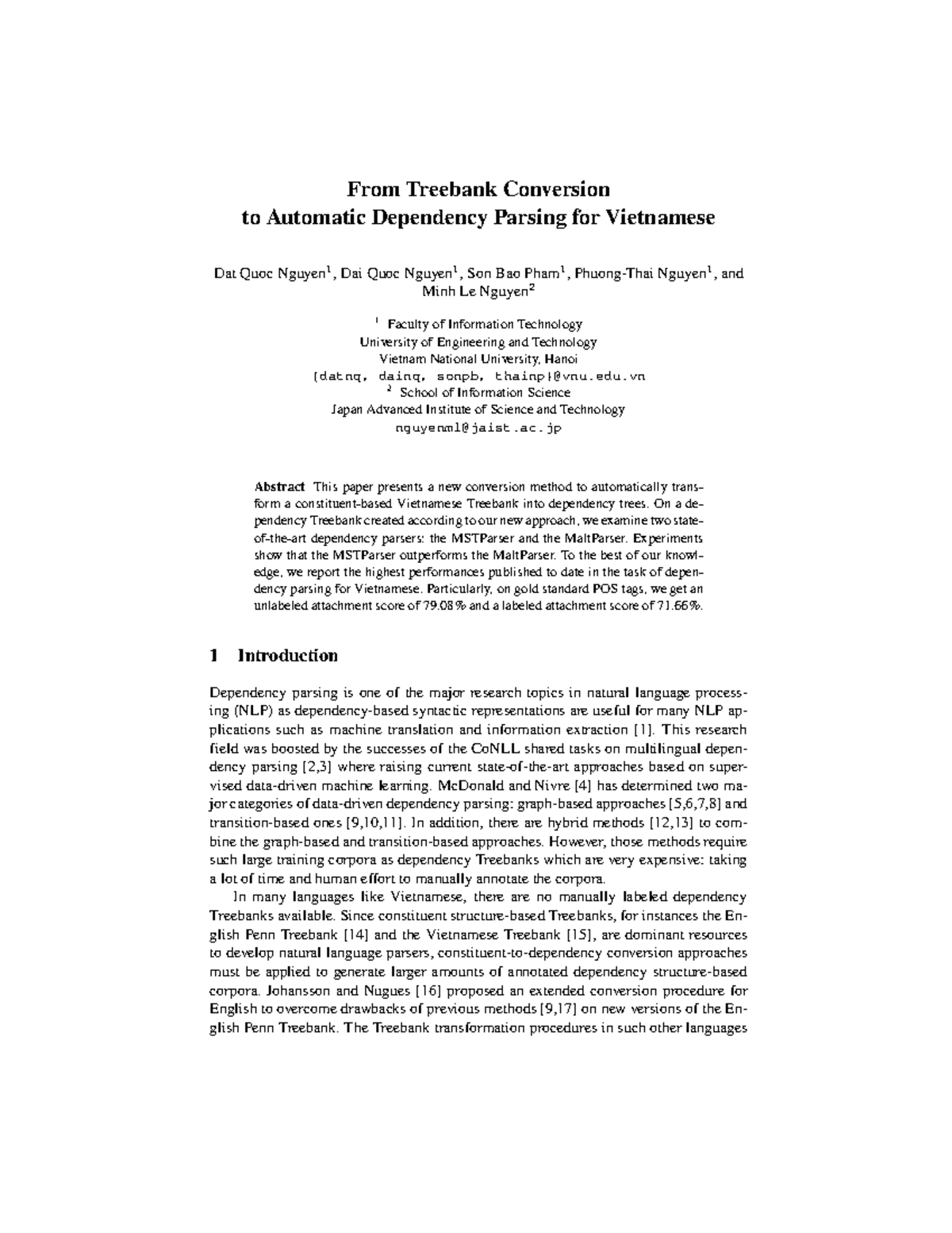 VnDT Treebank Description: Automatic Dependency Parsing for Vietnamese ...