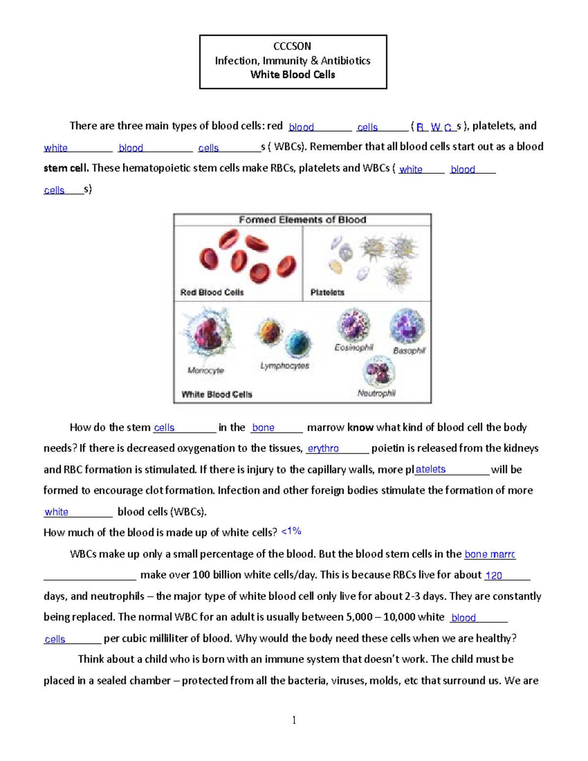 WBC Worksheet and Study Guide for CCCSON Immunity & Infection - Studocu