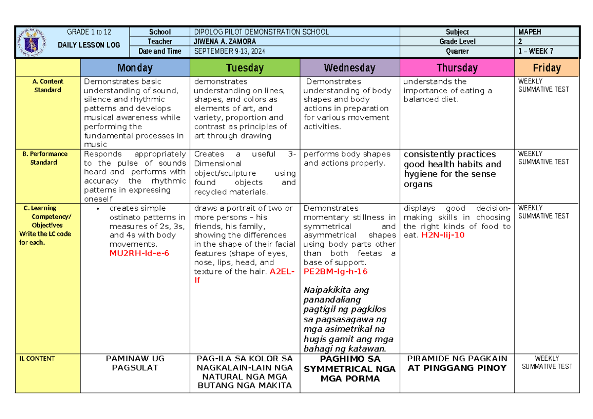 GRADE 2 MAPEH DAILY LESSON LOG - WEEK 7 (Q1) - Studocu