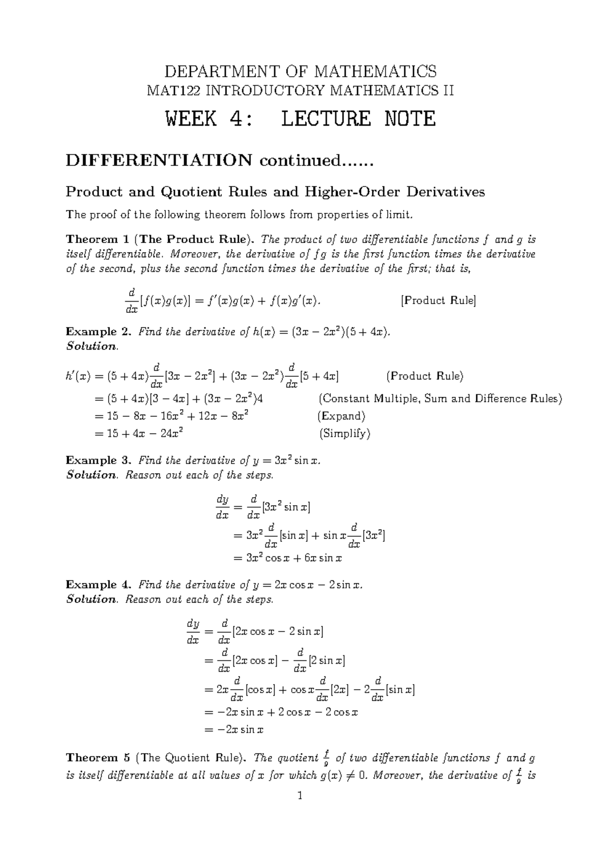 MAT122 Introductory Mathematics II Week 4 Lecture Notes ...