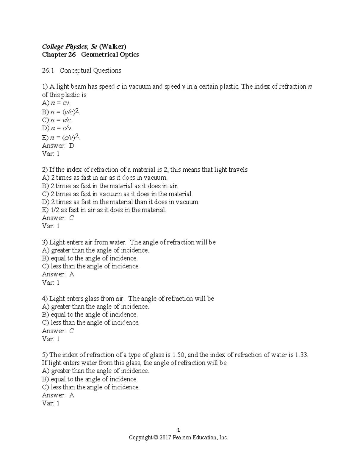 Chapter 26 - Geometrical Optics Practice Questions (College Physics, 5e ...