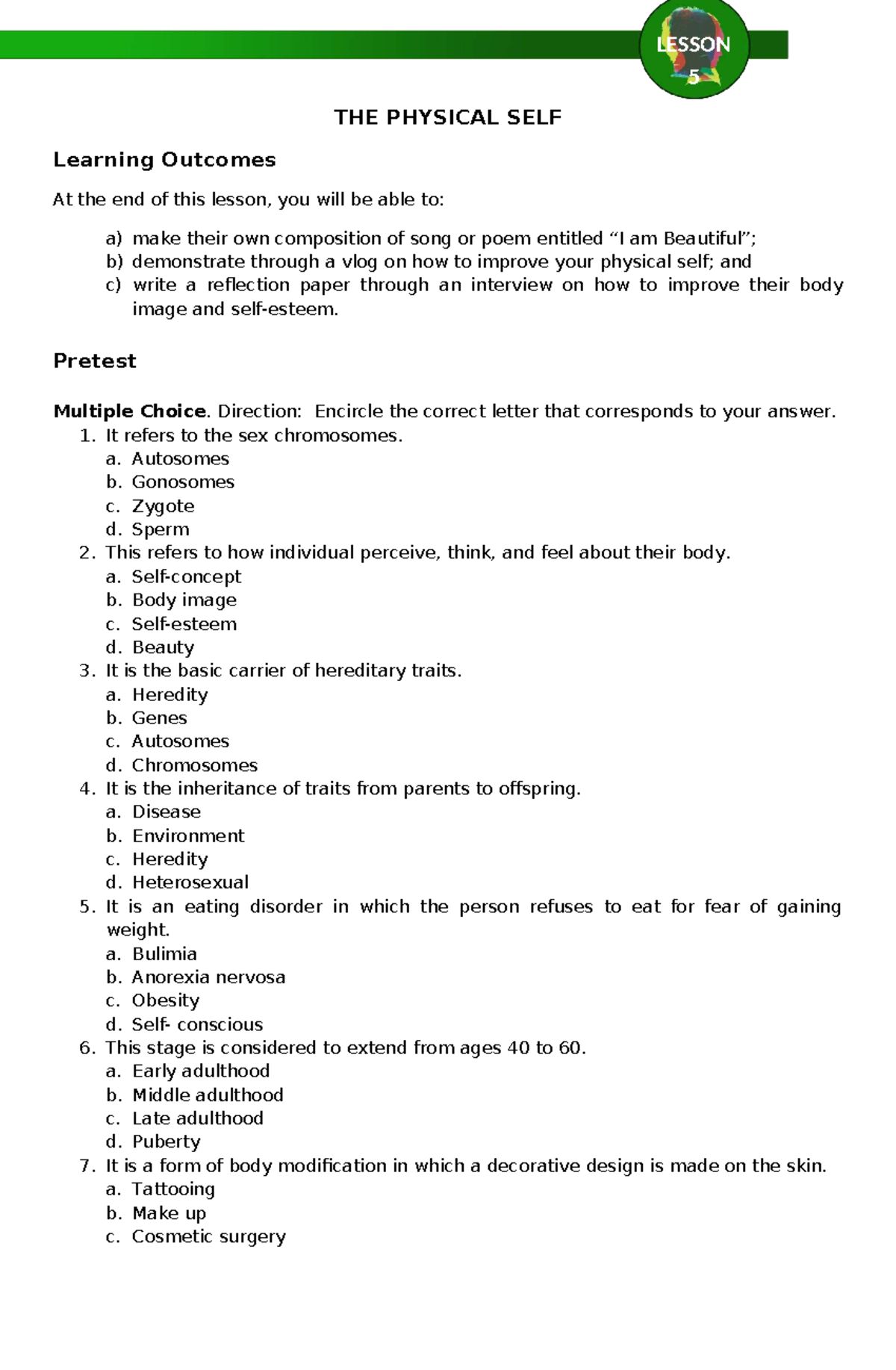 LESSON 5: THE PHYSICAL SELF - Understanding Body Image and Health - Studocu