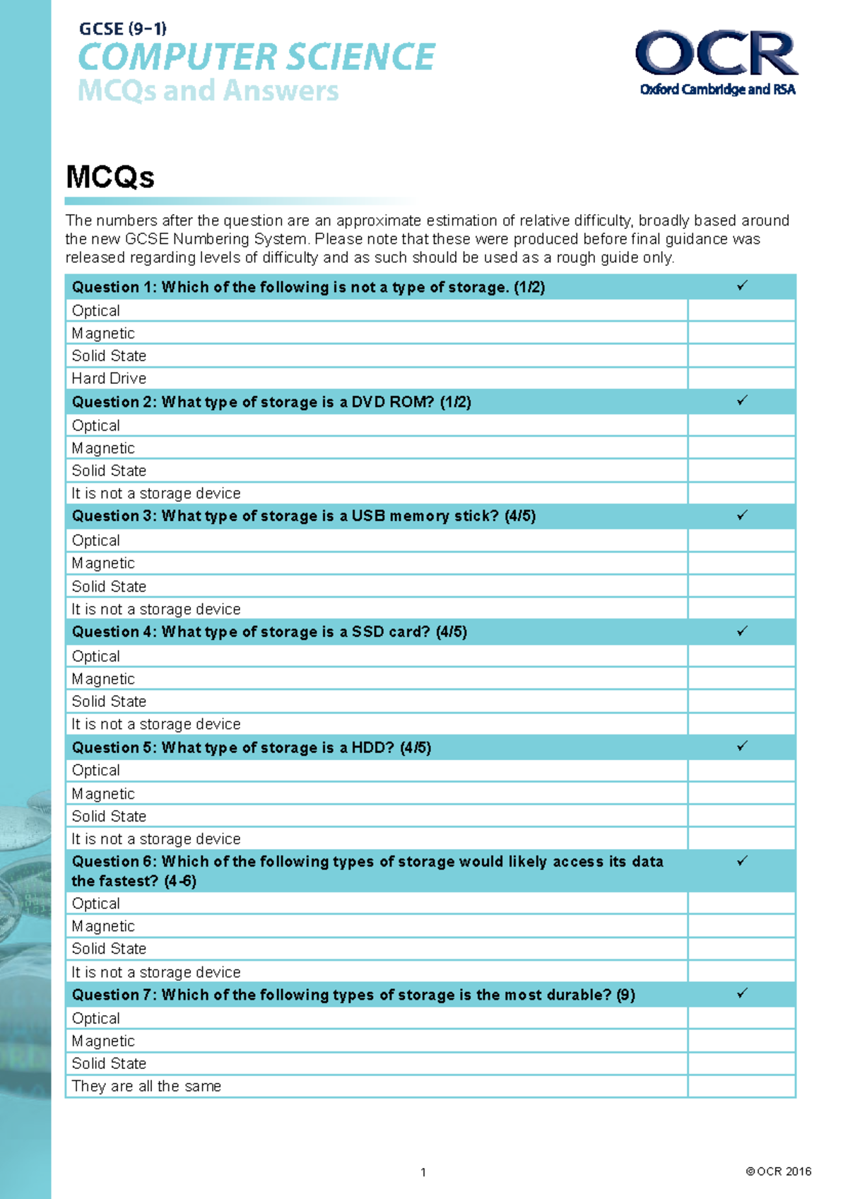 GCSE COMPUTER SCIENCE: Secondary Storage MCQs & Answers (OCR 2016 ...