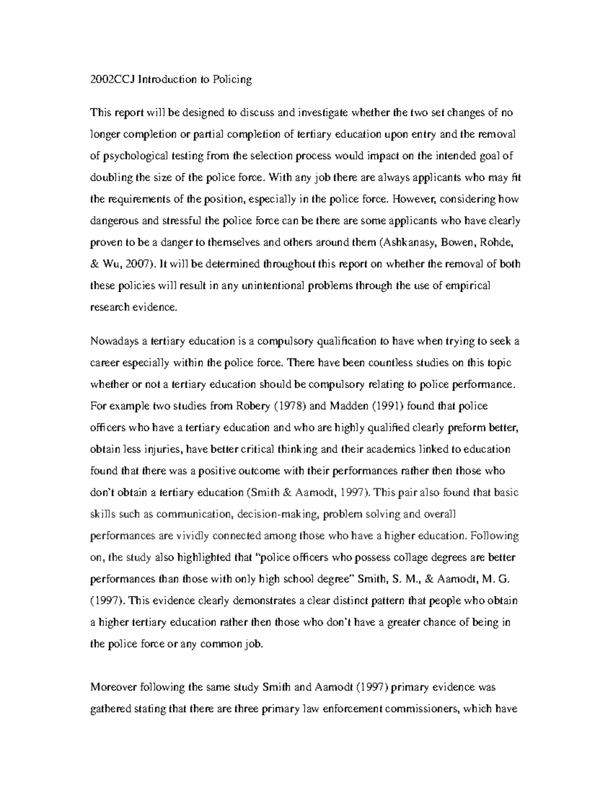 2002 CCJ Policing Assignment 1: Impact of Education & Testing on Police ...