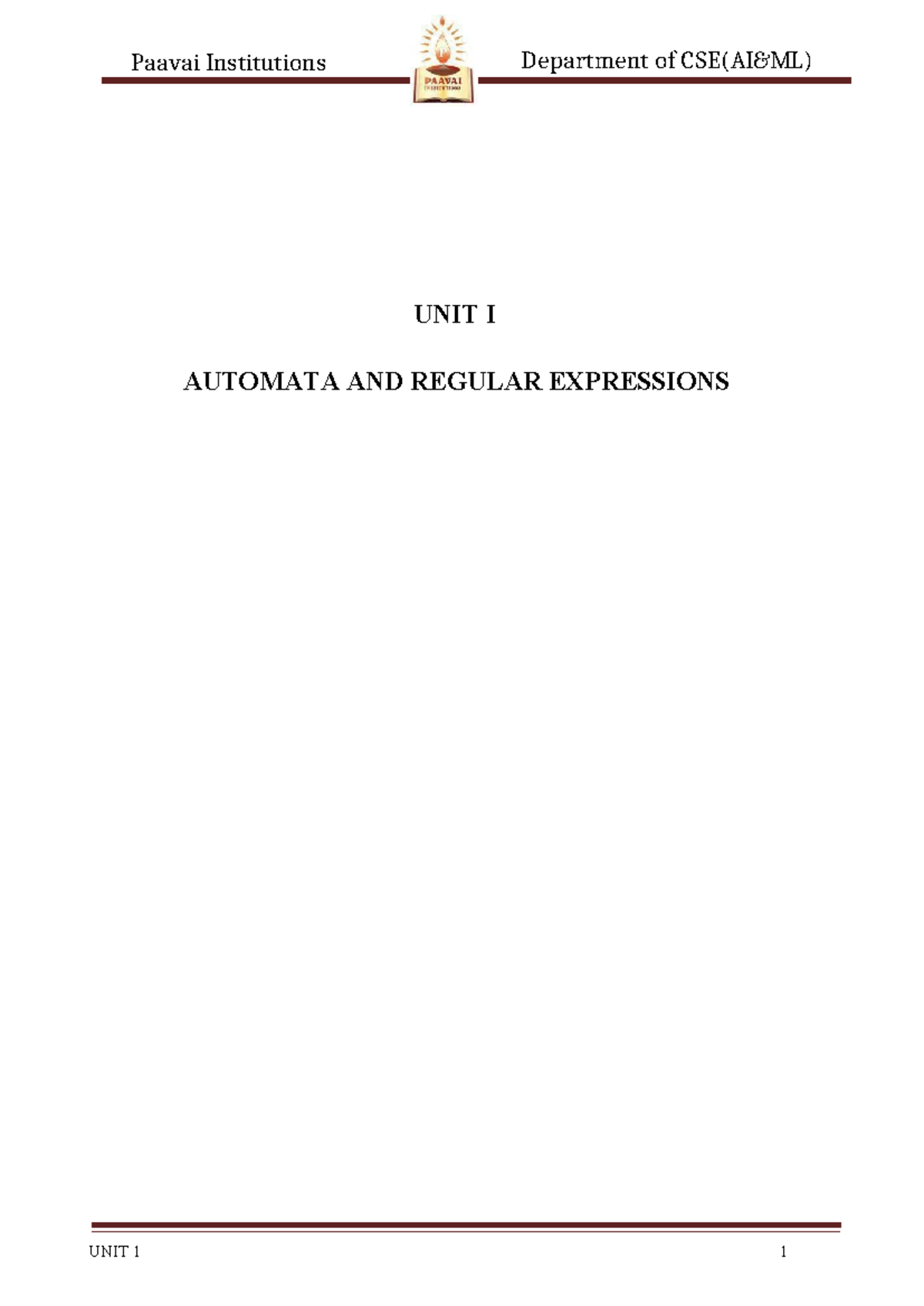 CS3452 - Unit 1: Automata and Regular Expressions Notes - Studocu