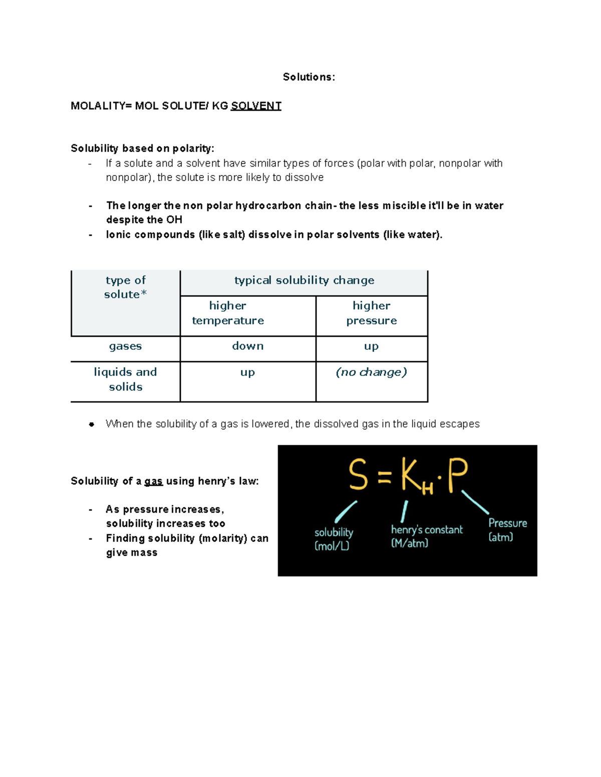 Chem exam 2 - Chemistry 105 exam two study guide - Solutions: MOLALITY ...
