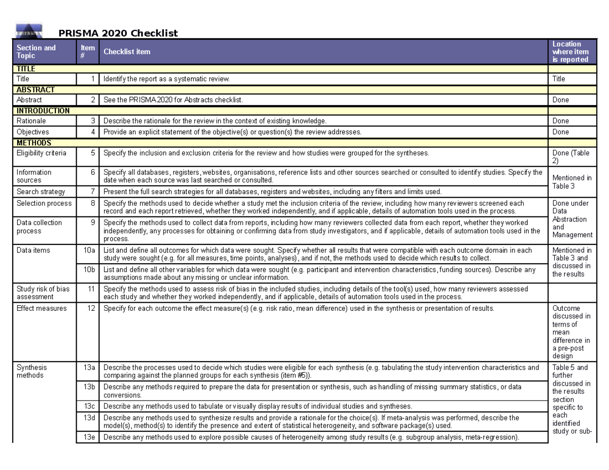 PRISMA 2020 Checklist for Systematic Reviews and Meta-Analyses - Studocu