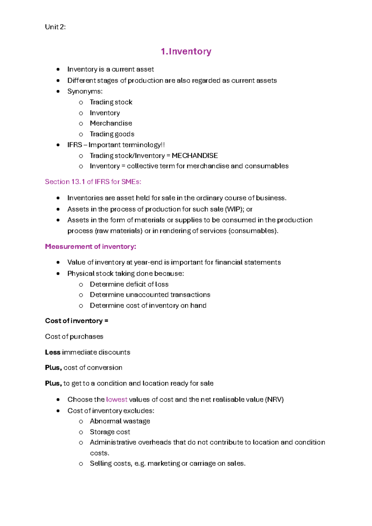 Unit 2: Study Notes on Inventory and Manufacturing Processes - Studocu