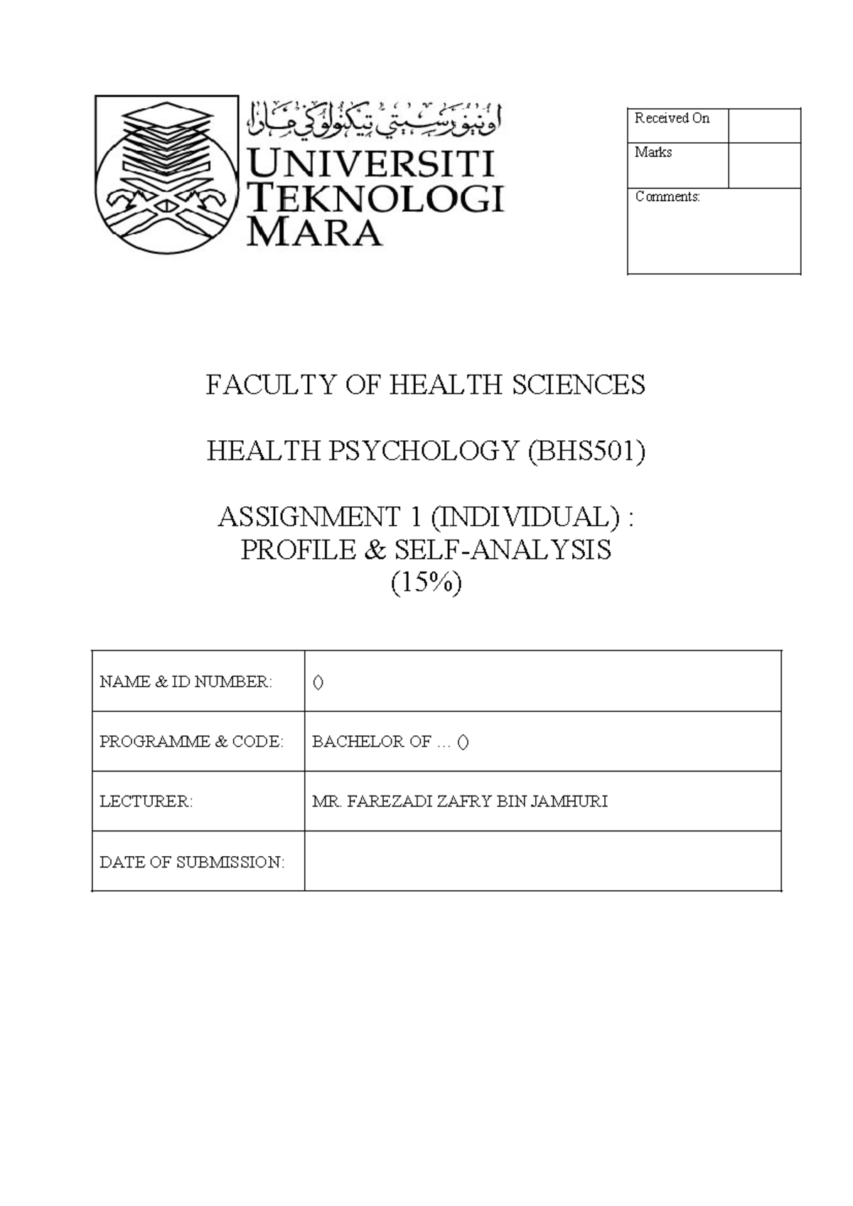 Template for Individual Assignment BHS501: Health Psychology Profile ...