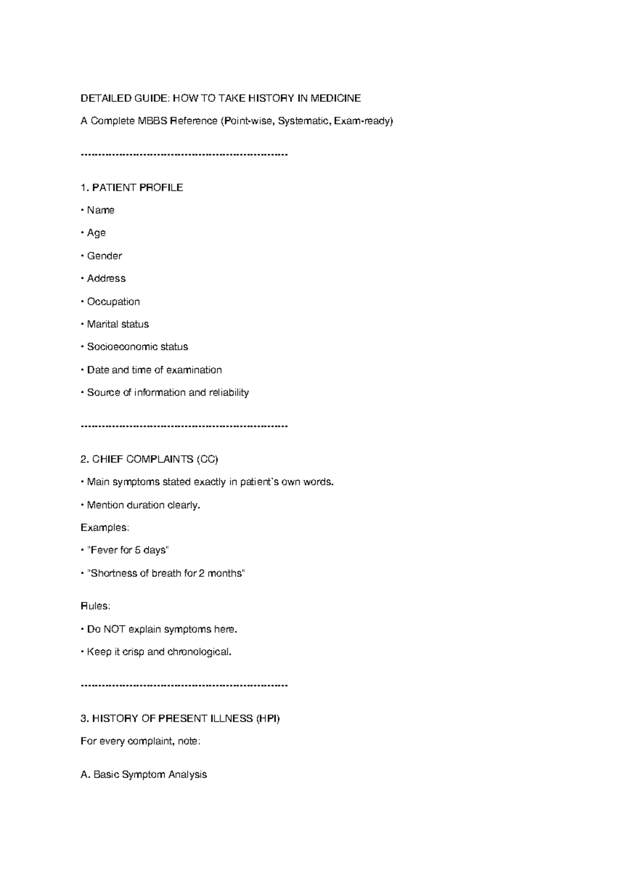 Detailed Guide to History Taking in Medicine (MBBS 251121) - Studocu