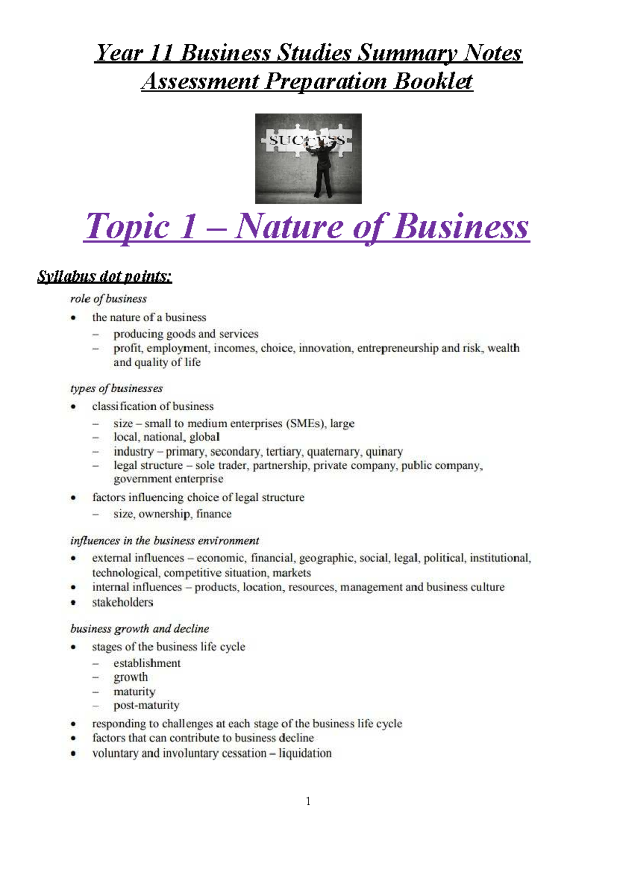 Year 11 Business Studies Summary Notes: Topic 1 - Nature of Business ...