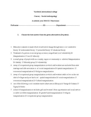 Addis Ababa University Anthropology Final Exam Studocu
