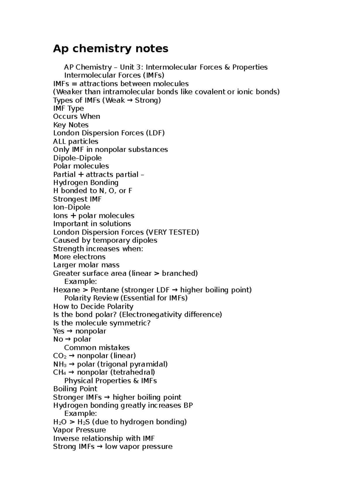 AP Chemistry Notes: Unit 3 - Intermolecular Forces and Properties - Studocu
