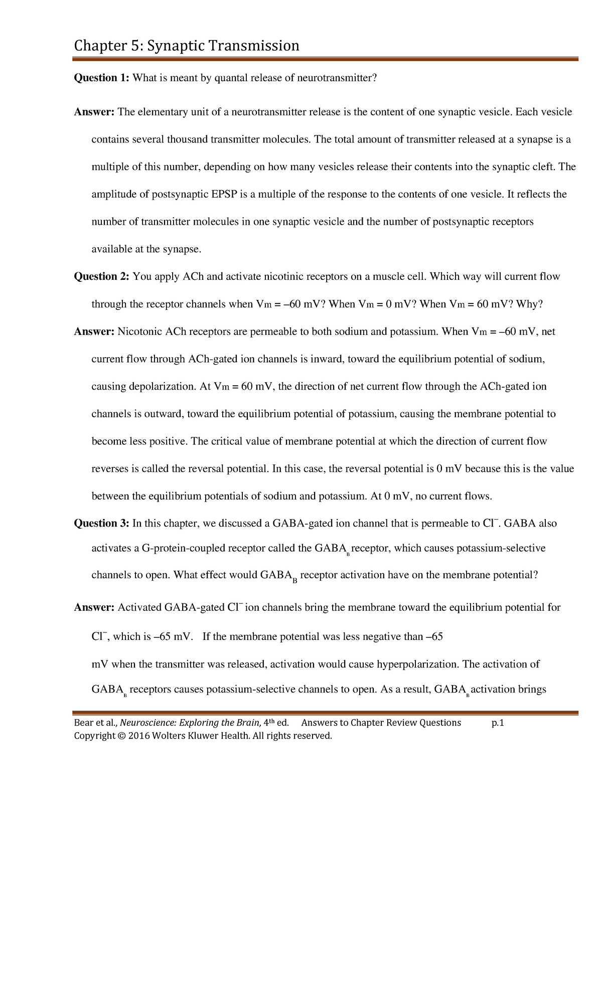 Chapter 5: Synaptic Transmission Review Qs - Neuroscience 4th Ed. - Studocu