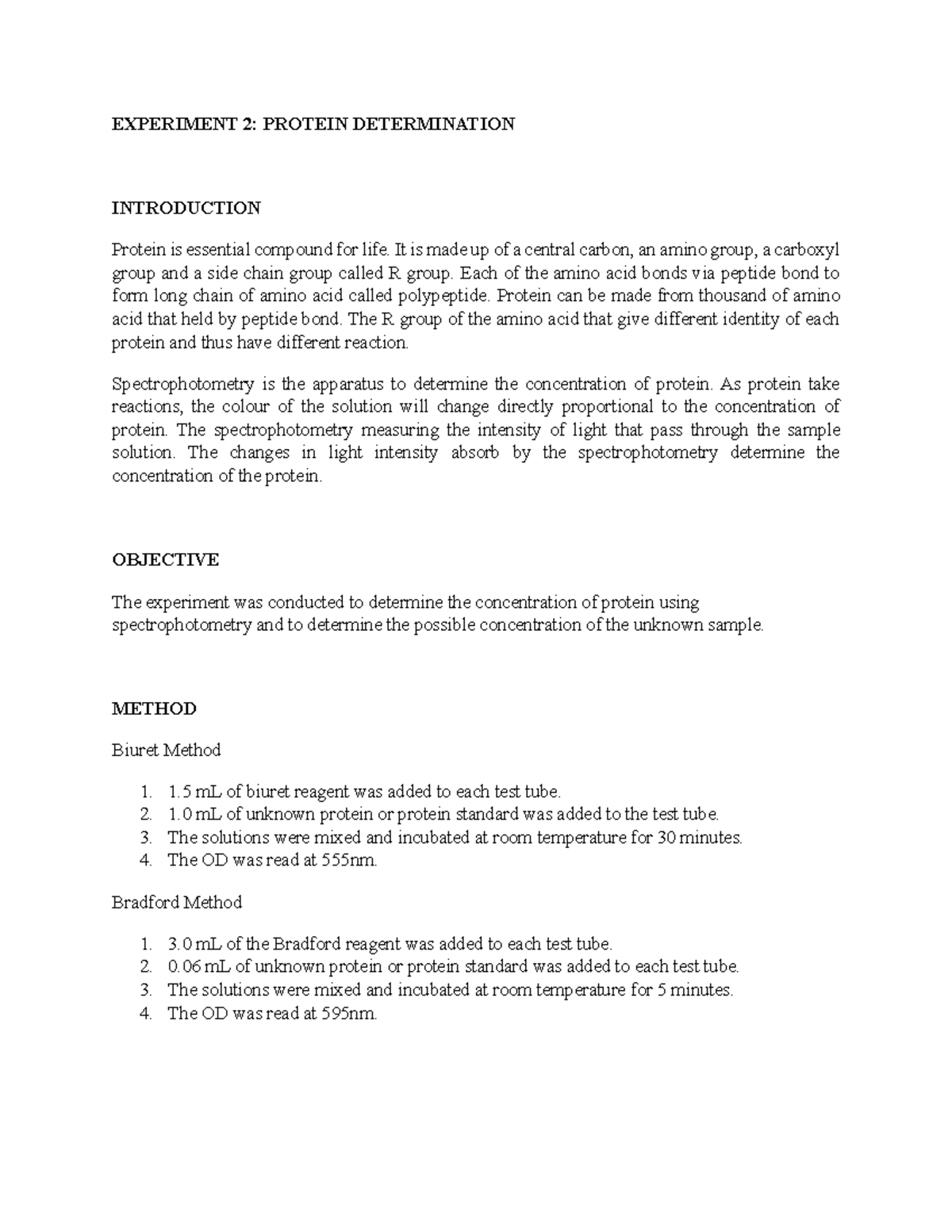 LAB Report BIO462: Protein Determination via Spectrophotometry - Studocu