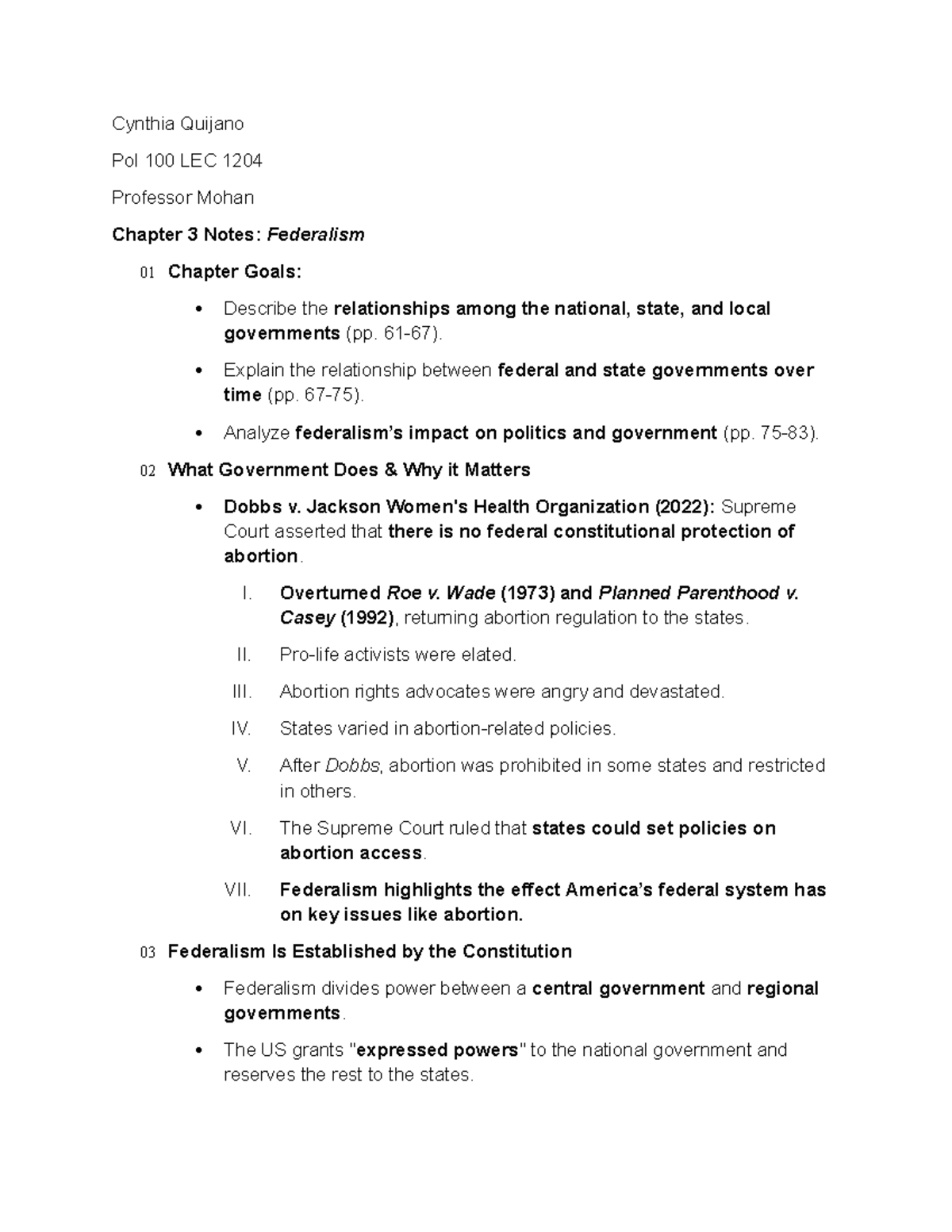 Chapter 3 Notes: Federalism in the US - POL 100 LEC 1204 - Studocu