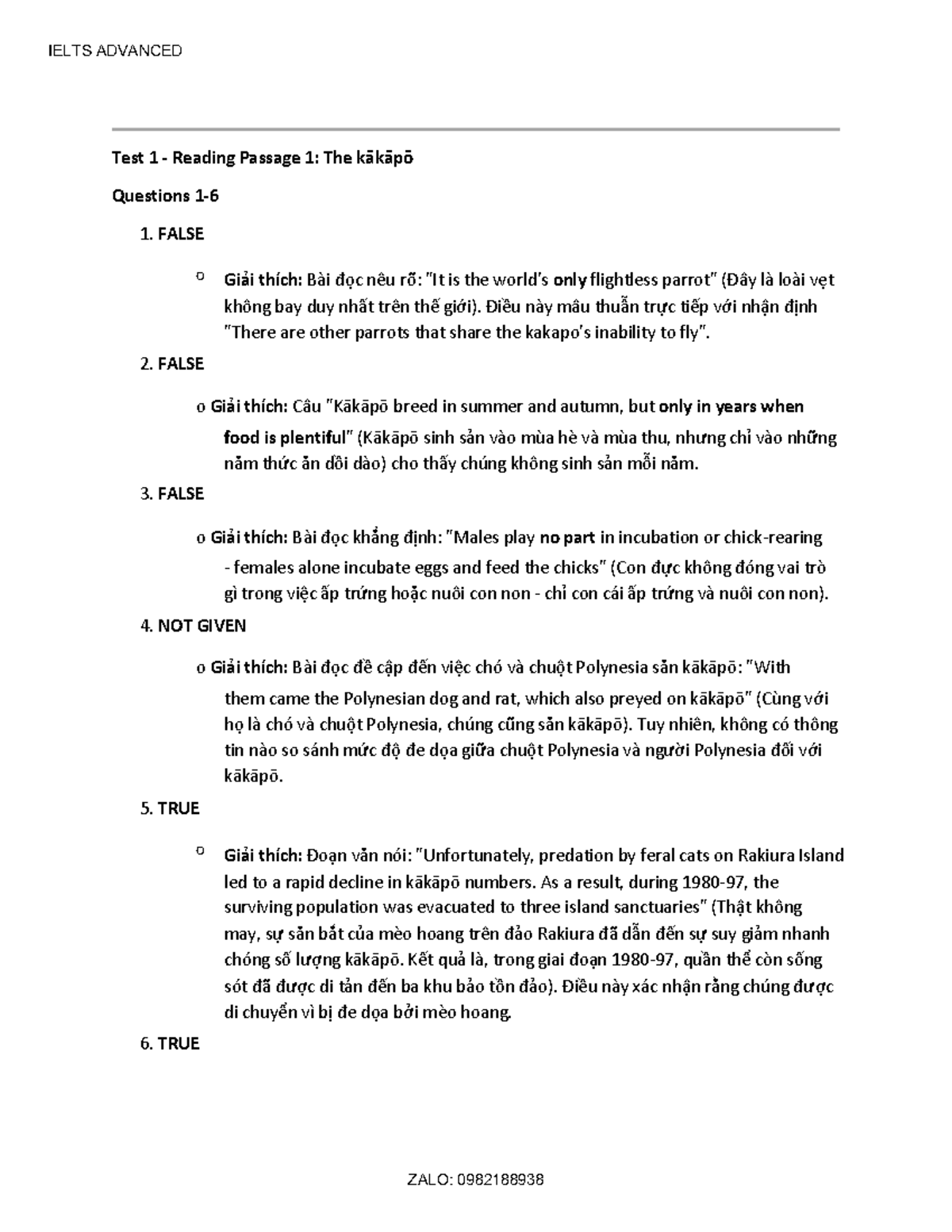 IELTS ADVANCED Test 1 Reading Passage Answers and Explanations - Studocu