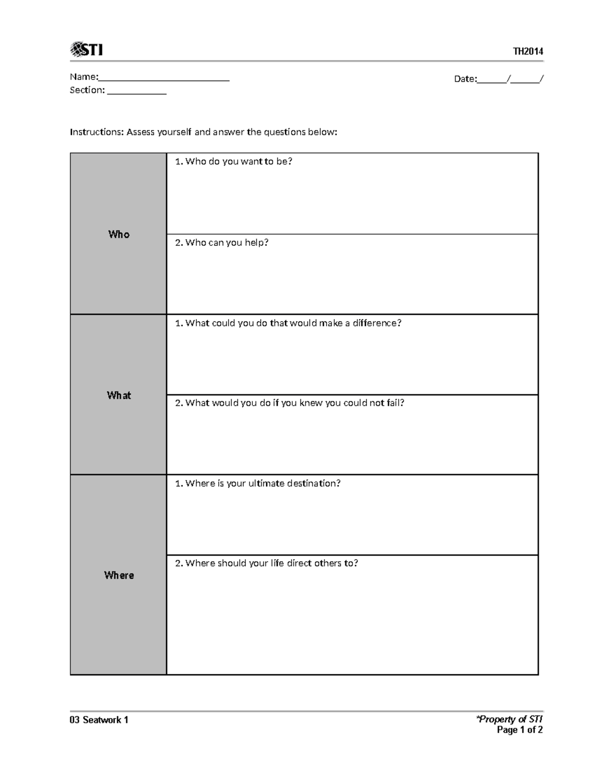 03 Seatwork 1 (3) - Self-Assessment Questions for Growth - Studocu