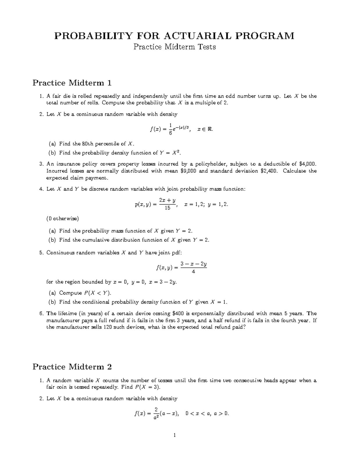 Probability for Actuarial Program: Practice Midterm Tests Summary - Studocu