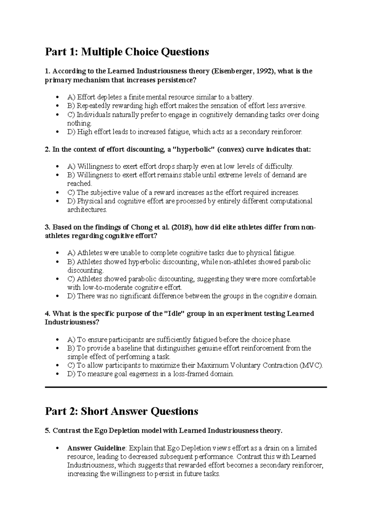 Mock Psyc3001 Final Exam - Multiple Choice & Short Answer Questions ...