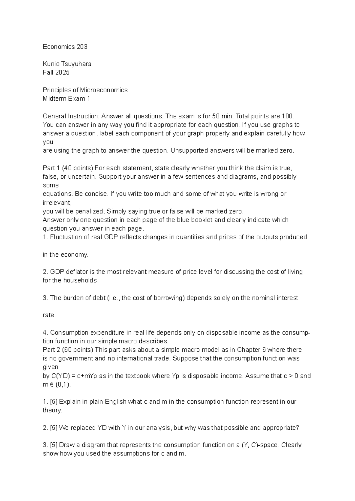Econ 203 Midterm Exam 1: Principles of Microeconomics Guide - Studocu