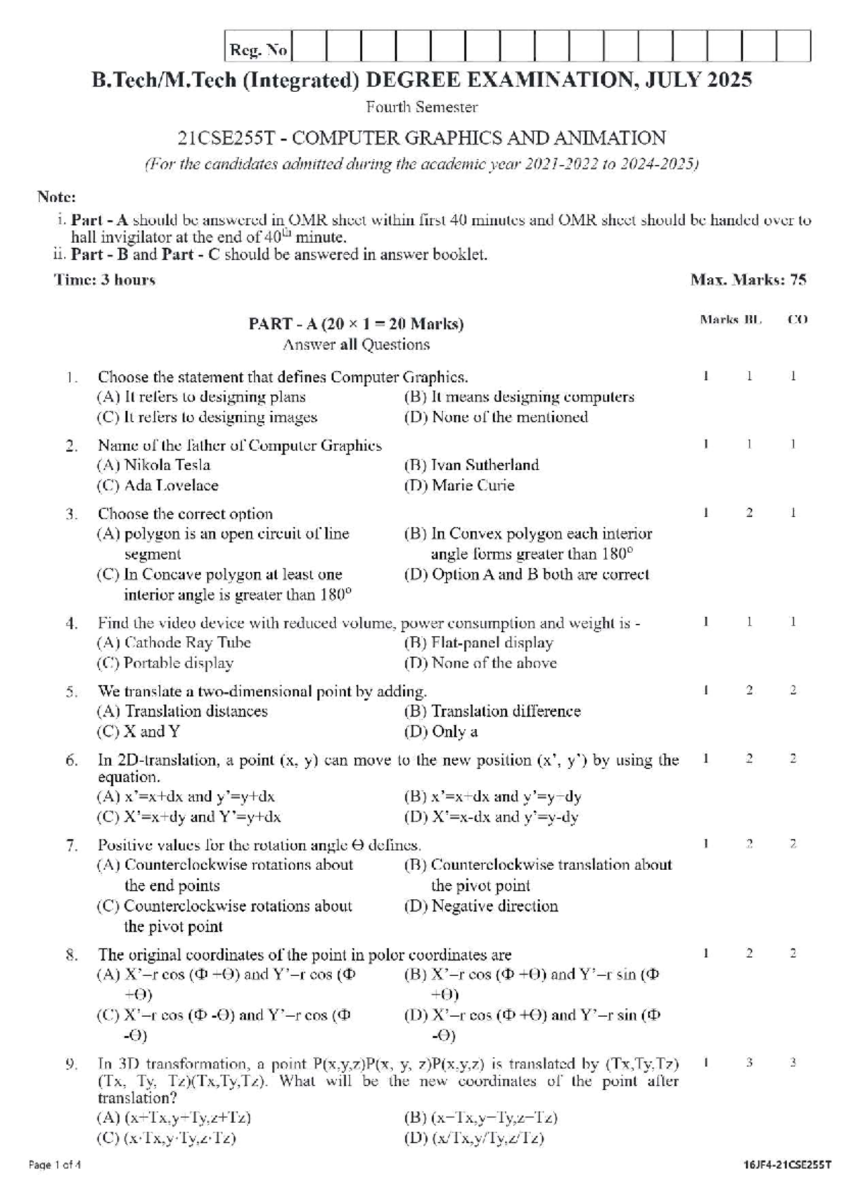21CSE255T Computer Graphics & Animation Exam Notes - July 2025 - Studocu