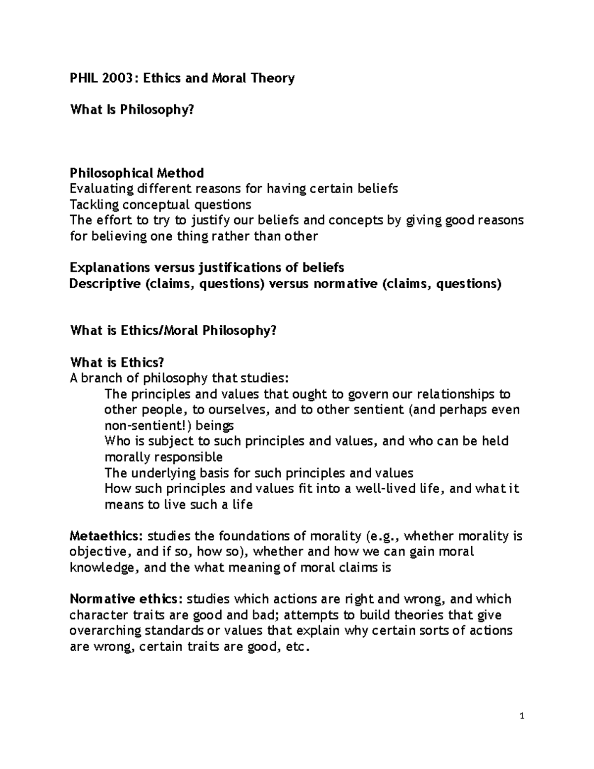 PHIL 2003: Week 1 Notes on Ethics and Moral Theory - Studocu