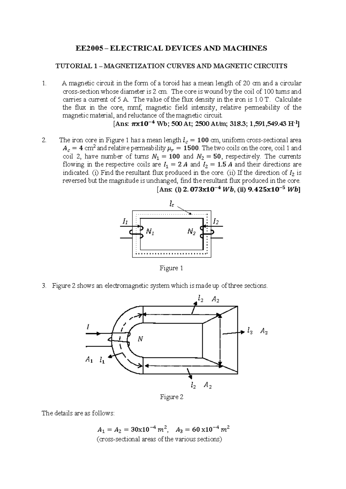 EE2005 TUTORIAL 1: MAGNETIZATION CURVES & MAGNETIC CIRCUITS - Studocu